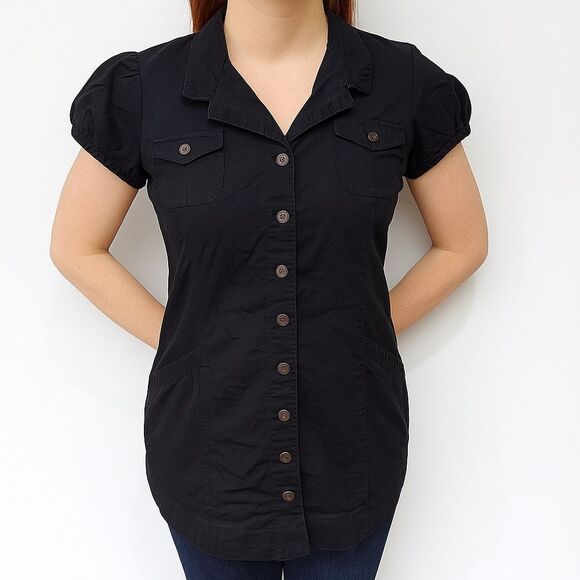 FANG Solid Black Button-Up Short Sleeve Long Blouse with Pockets size L - Picture 1 of 12